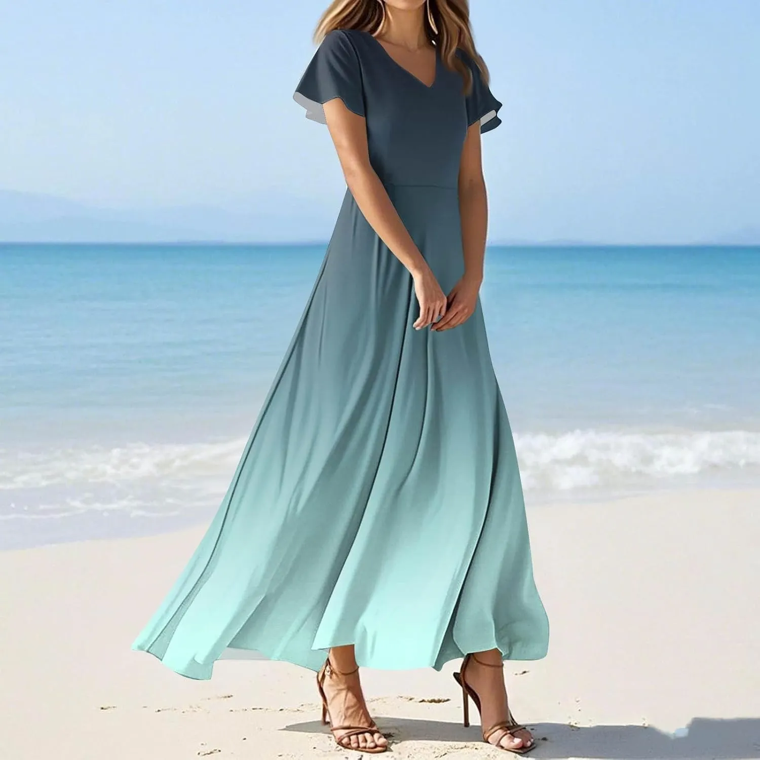 Womens Fashion V Neck Ruffle Short Sleeve Maxi Dress 2025 Summer Elegant Solid Color Flowy A Line Dresses