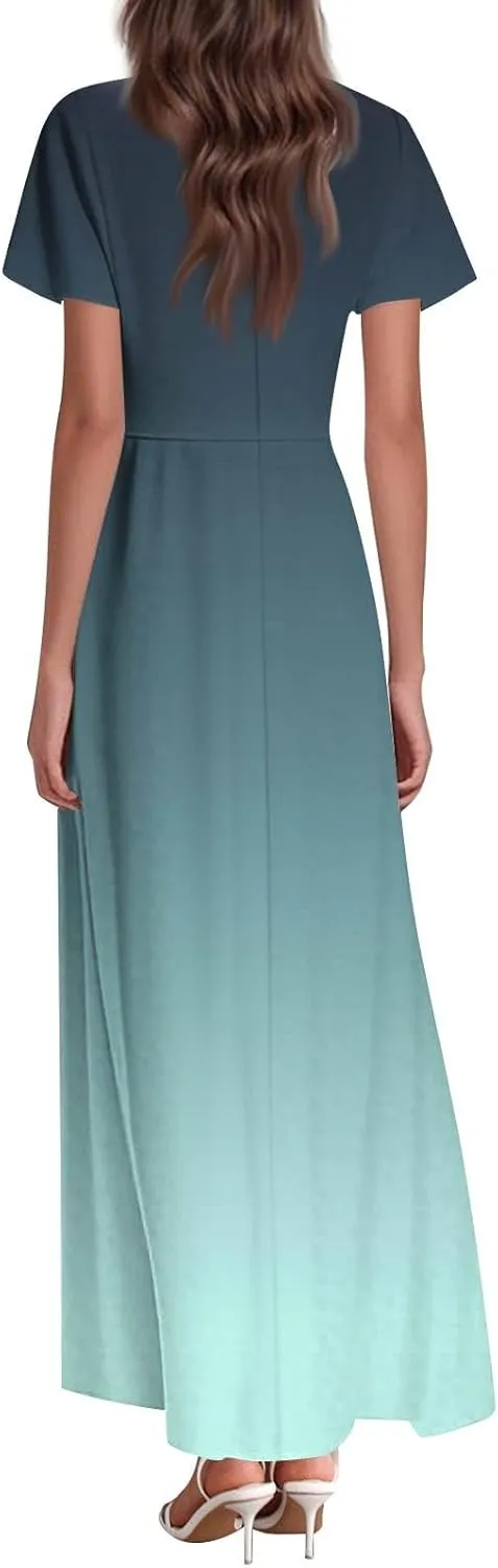 Womens Fashion V Neck Ruffle Short Sleeve Maxi Dress 2025 Summer Elegant Solid Color Flowy A Line Dresses