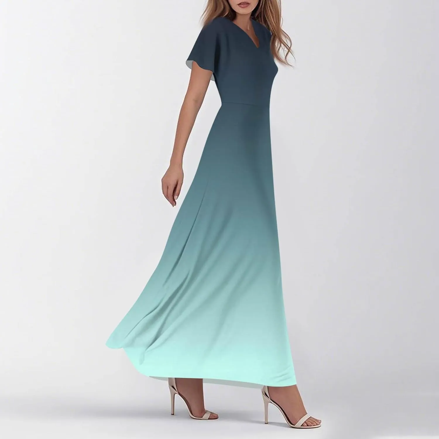 Womens Fashion V Neck Ruffle Short Sleeve Maxi Dress 2025 Summer Elegant Solid Color Flowy A Line Dresses