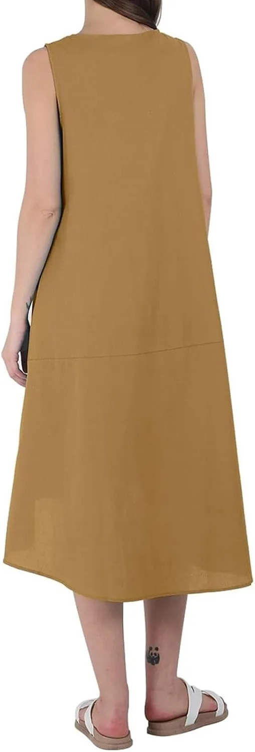 Women's Long Linen Cotton Summer Dresses Plus Size Sleeveless Crew Neck Tank Flowy Maxi Dresses Elegant Casual Dress