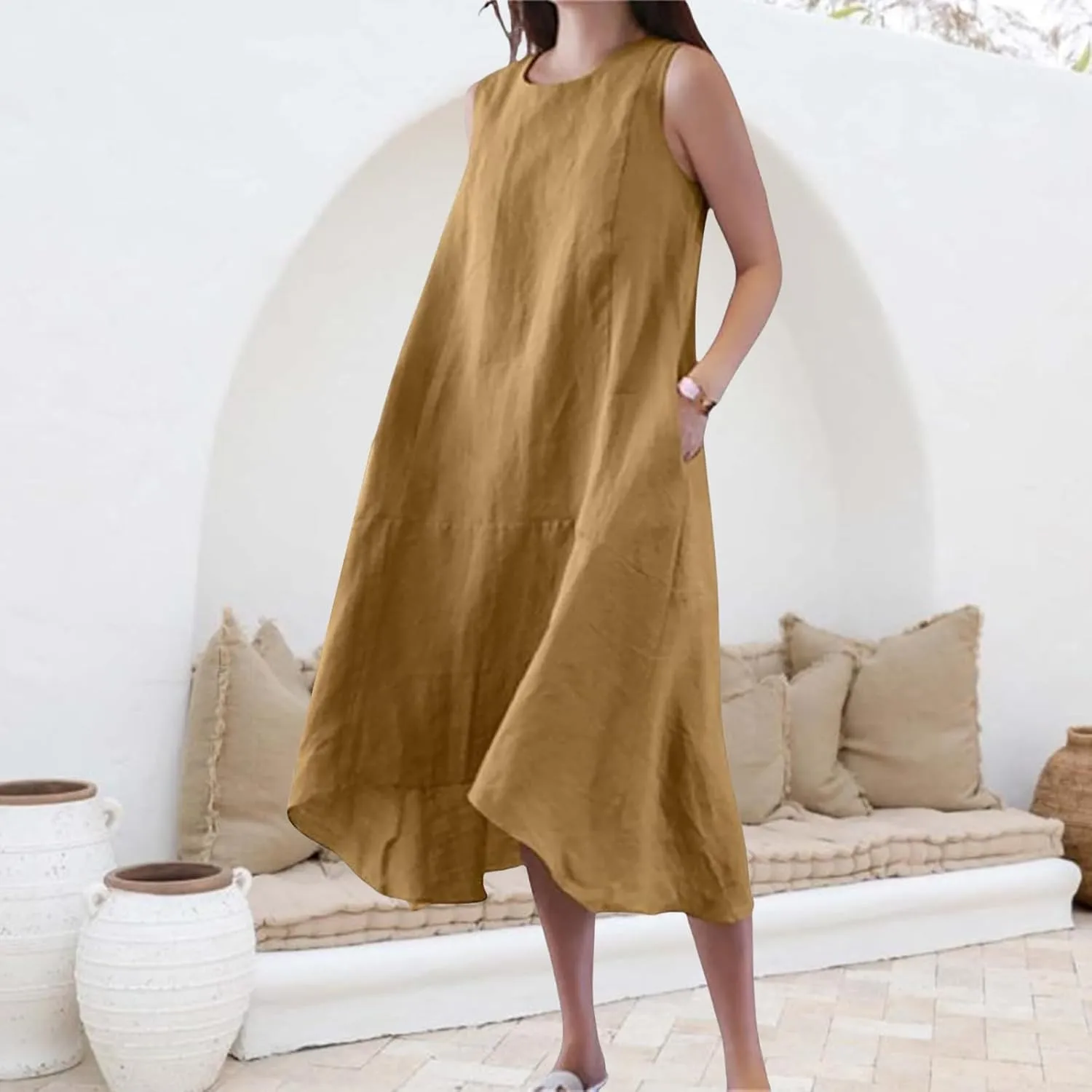 Women's Long Linen Cotton Summer Dresses Plus Size Sleeveless Crew Neck Tank Flowy Maxi Dresses Elegant Casual Dress