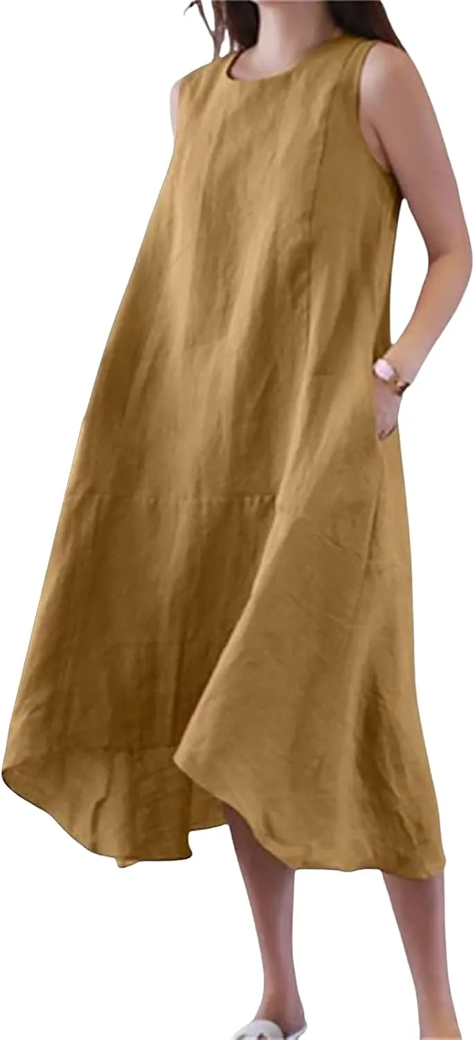 Women's Long Linen Cotton Summer Dresses Plus Size Sleeveless Crew Neck Tank Flowy Maxi Dresses Elegant Casual Dress