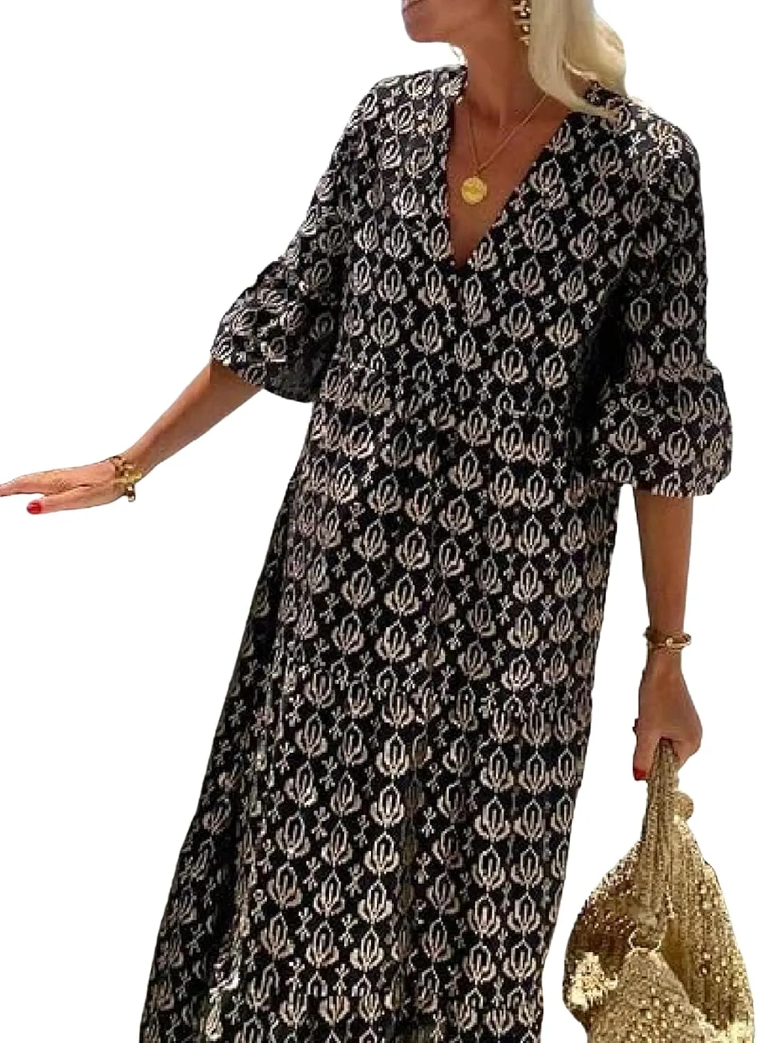 Women's Midi Dresses Spring Modern Boho Chic Dress V Neck Half Sleeve Flowy Shift Summer 2025