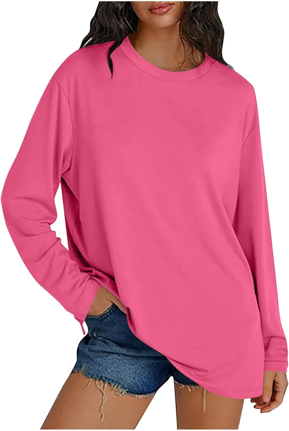 Womens Oversized Long Sleeve T Shirts Basic Crewneck Tee Fall Tops Solid Comfortable Workout Fashion Casual Clothes