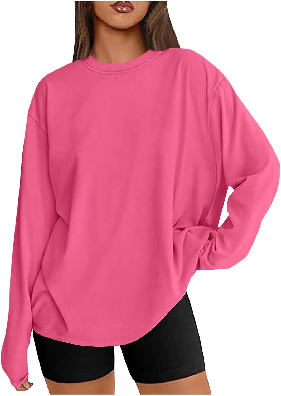 Womens Oversized Long Sleeve T Shirts Basic Crewneck Tee Fall Tops Solid Comfortable Workout Fashion Casual Clothes
