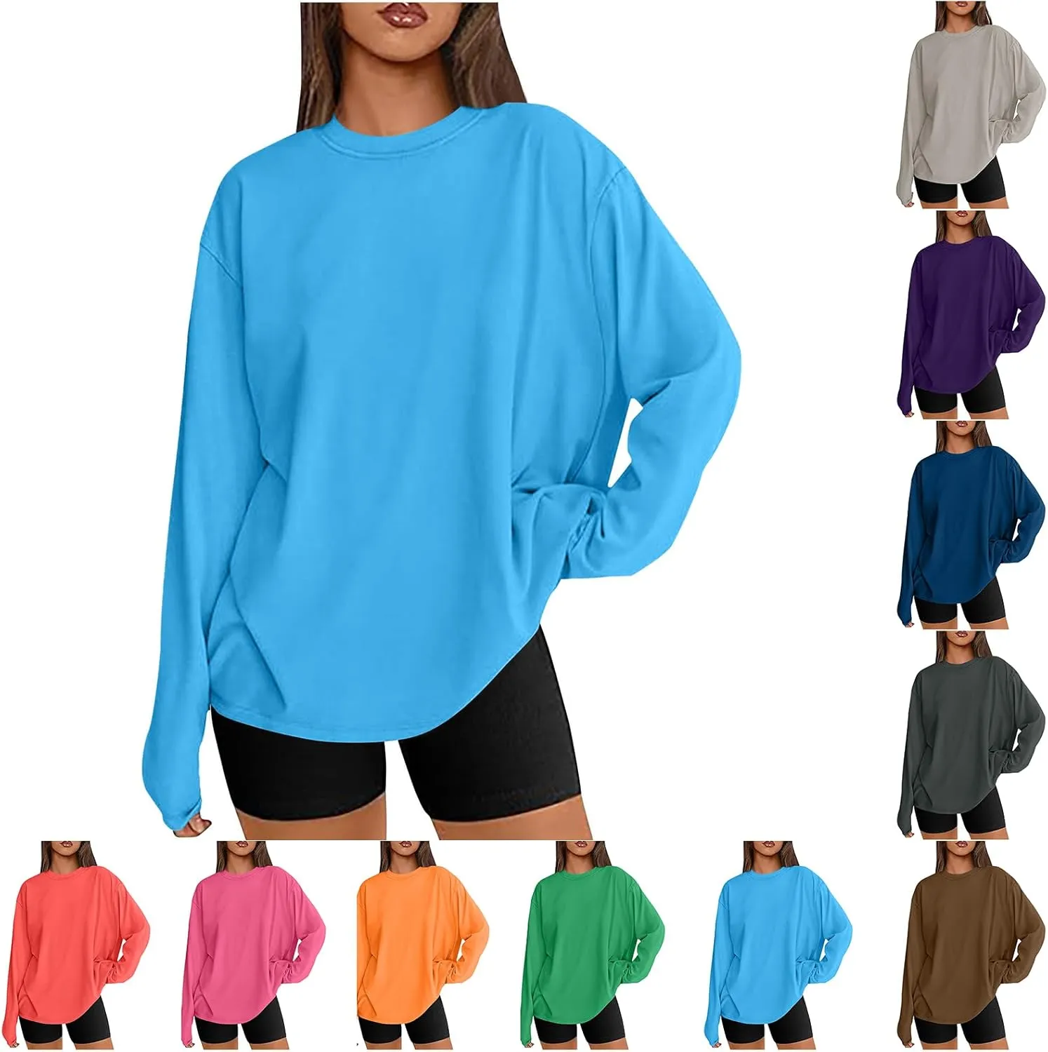 Womens Oversized Long Sleeve T Shirts Basic Crewneck Tee Fall Tops Solid Comfortable Workout Fashion Casual Clothes