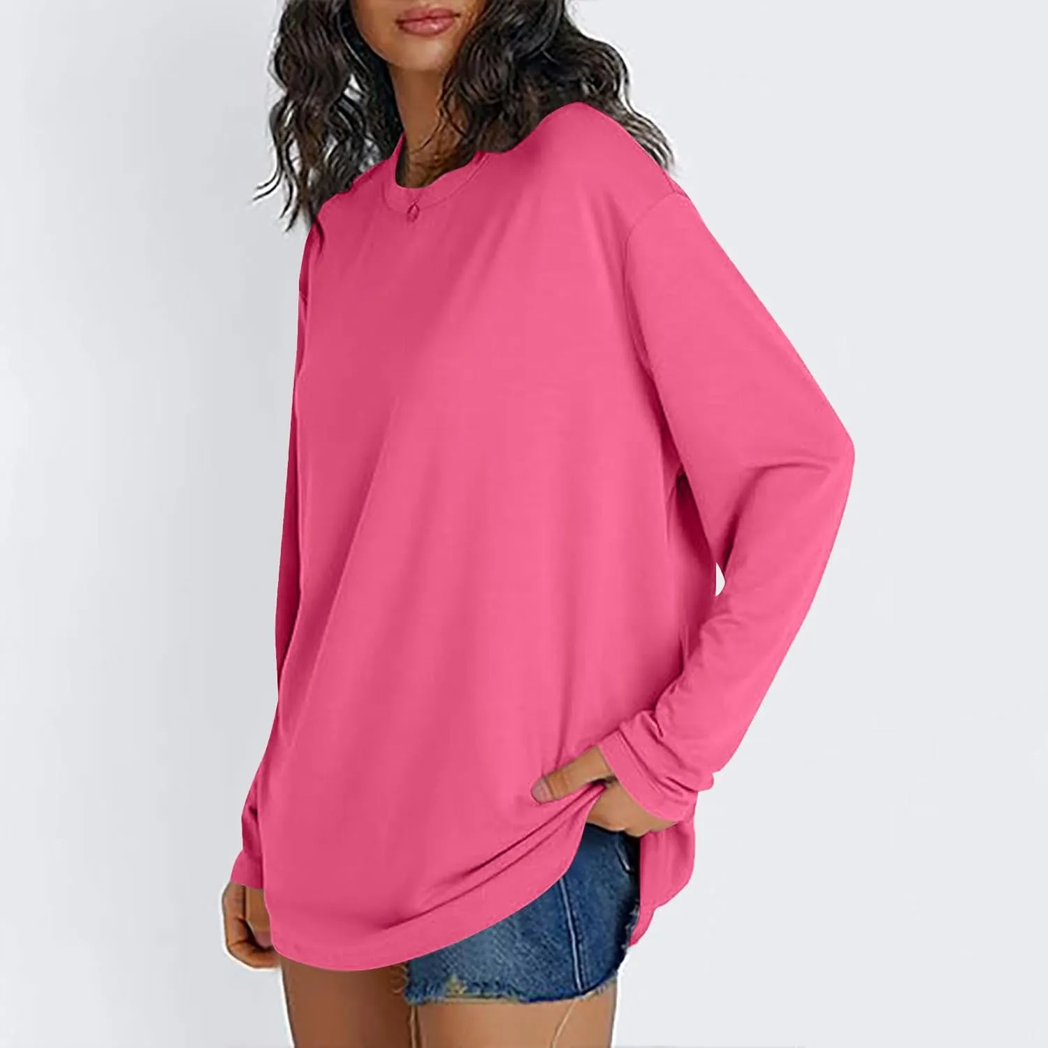 Womens Oversized Long Sleeve T Shirts Basic Crewneck Tee Fall Tops Solid Comfortable Workout Fashion Casual Clothes