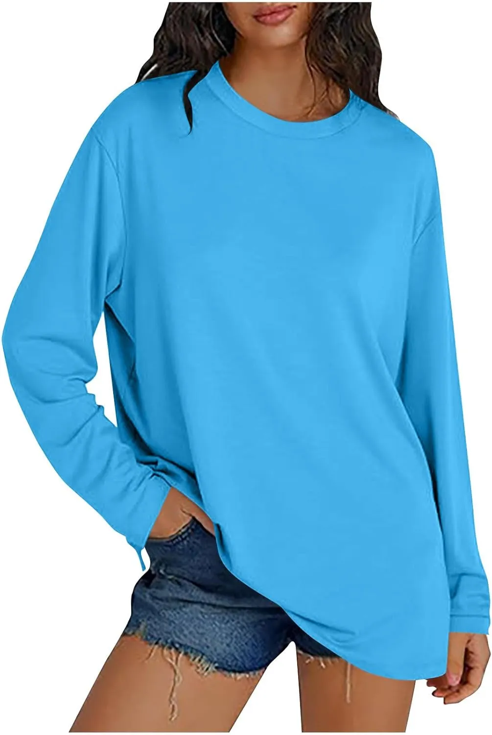 Womens Oversized Long Sleeve T Shirts Basic Crewneck Tee Fall Tops Solid Comfortable Workout Fashion Casual Clothes