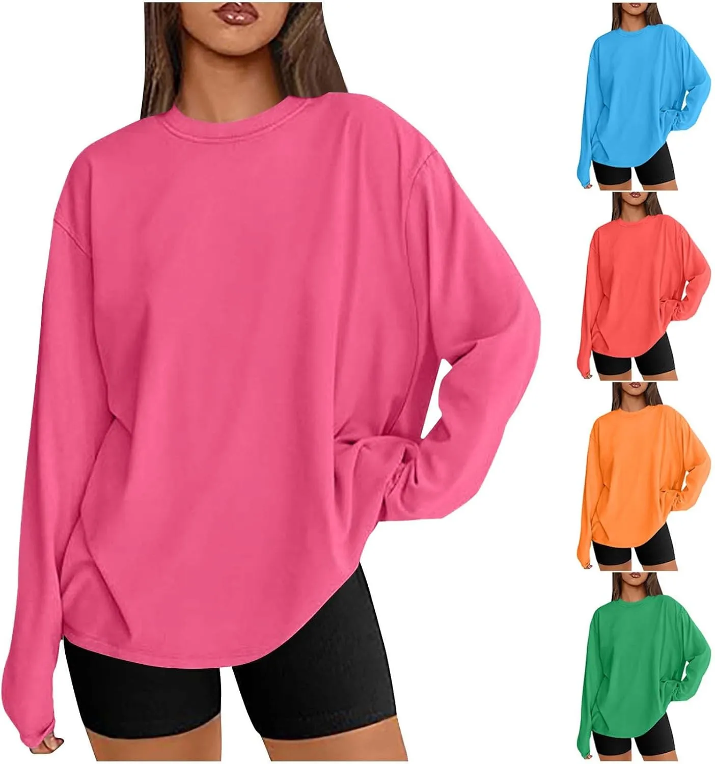 Womens Oversized Long Sleeve T Shirts Basic Crewneck Tee Fall Tops Solid Comfortable Workout Fashion Casual Clothes