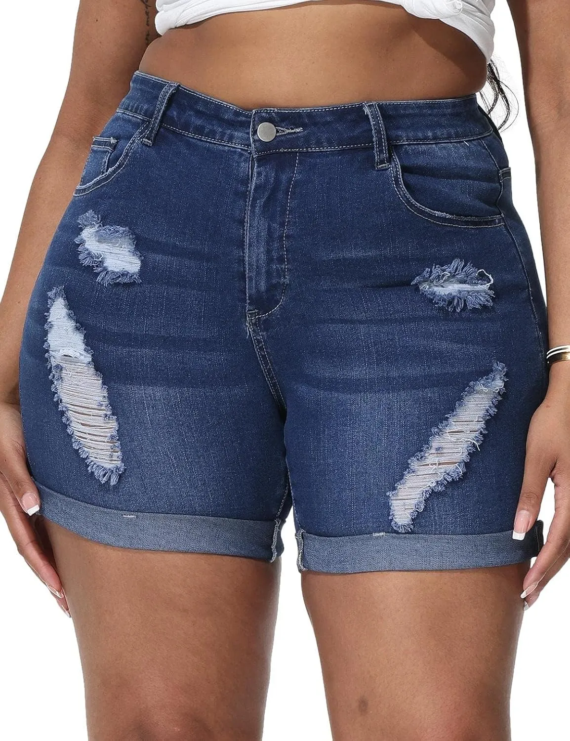 Womens Plus Size Jean Shorts Stretchy High Waisted Distressed Fold Hem Denim Shorts