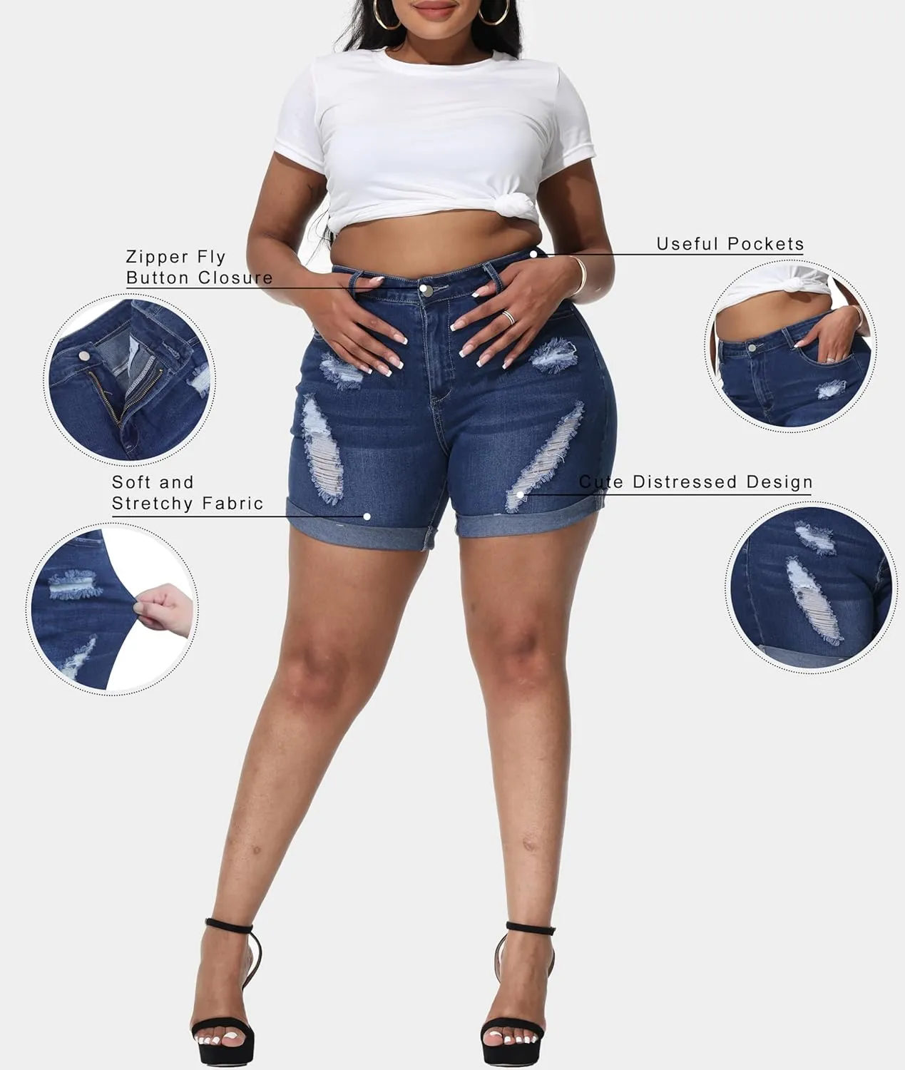 Womens Plus Size Jean Shorts Stretchy High Waisted Distressed Fold Hem Denim Shorts