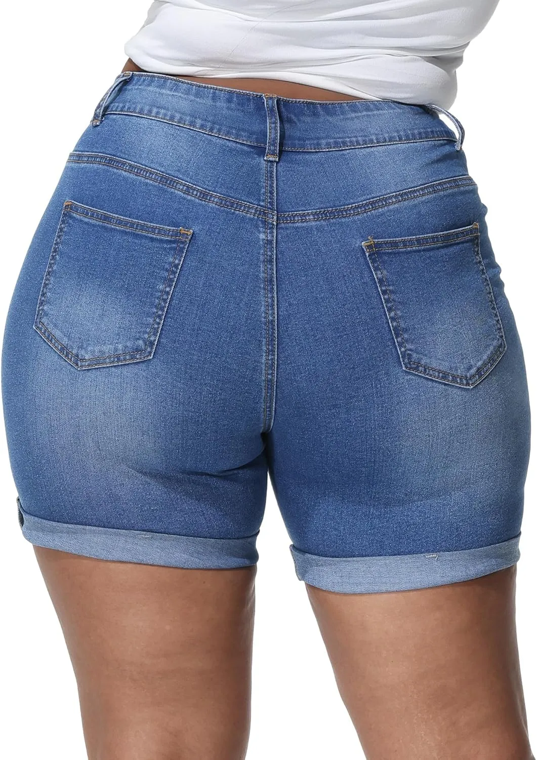 Womens Plus Size Jean Shorts Stretchy High Waisted Distressed Fold Hem Denim Shorts