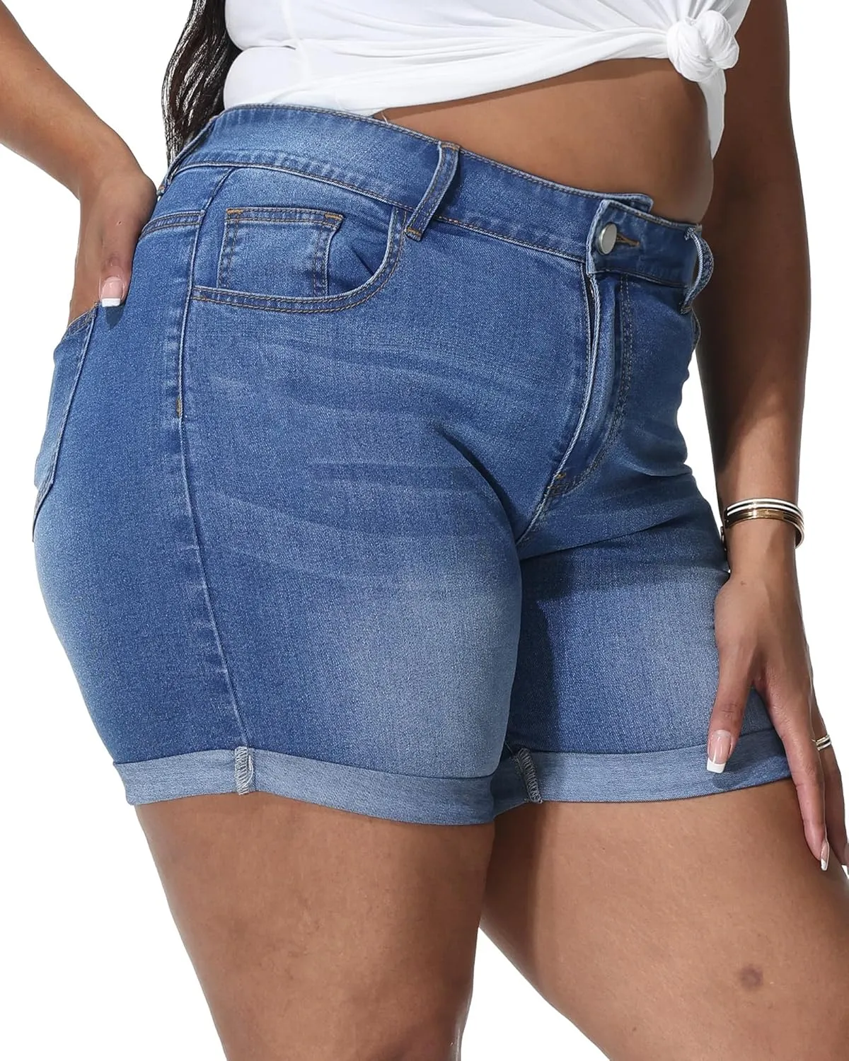 Womens Plus Size Jean Shorts Stretchy High Waisted Distressed Fold Hem Denim Shorts