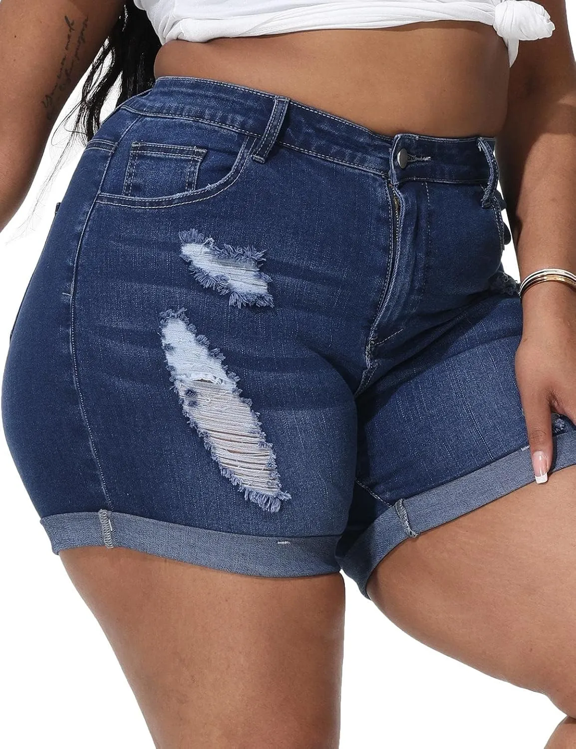 Womens Plus Size Jean Shorts Stretchy High Waisted Distressed Fold Hem Denim Shorts