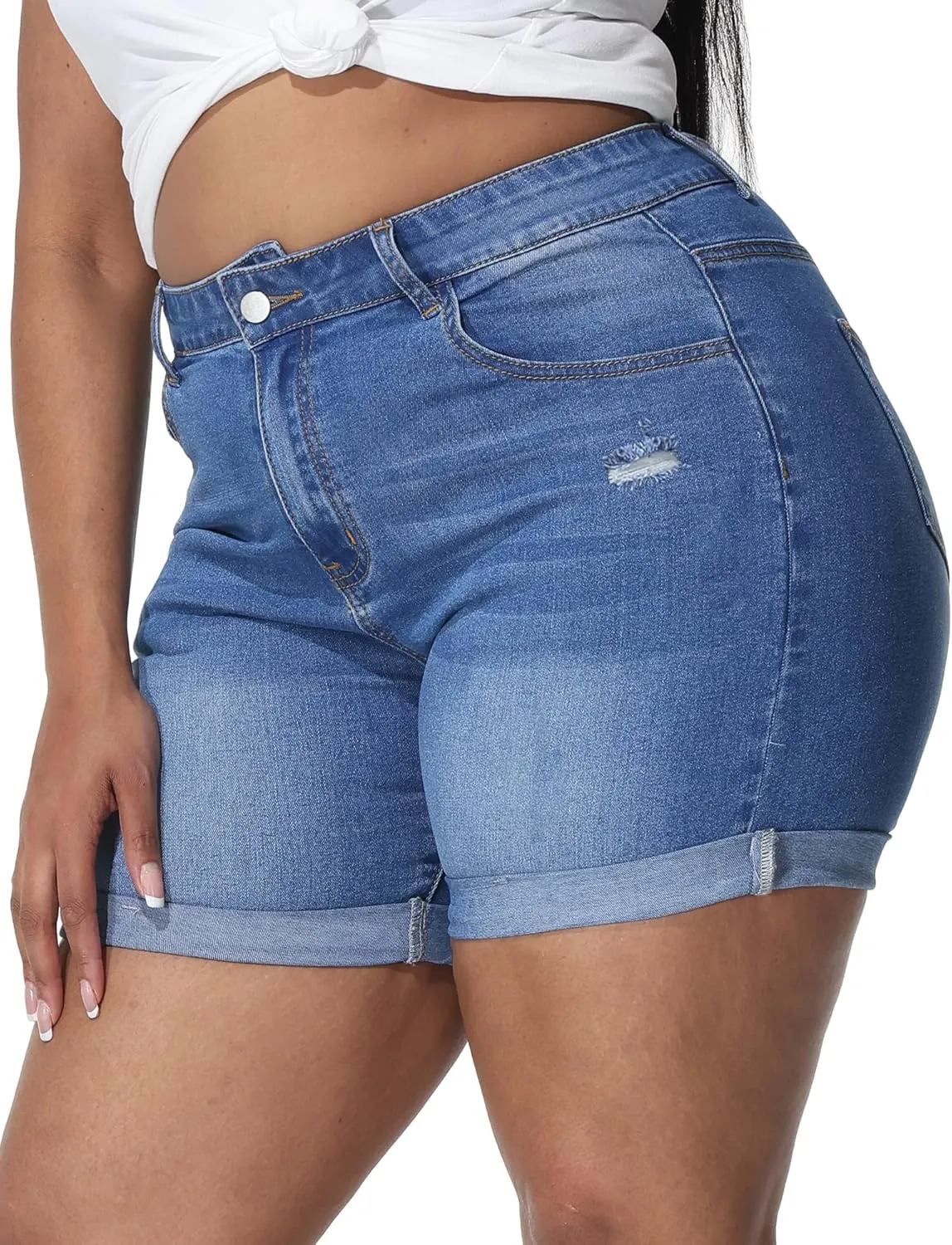 Womens Plus Size Jean Shorts Stretchy High Waisted Distressed Fold Hem Denim Shorts