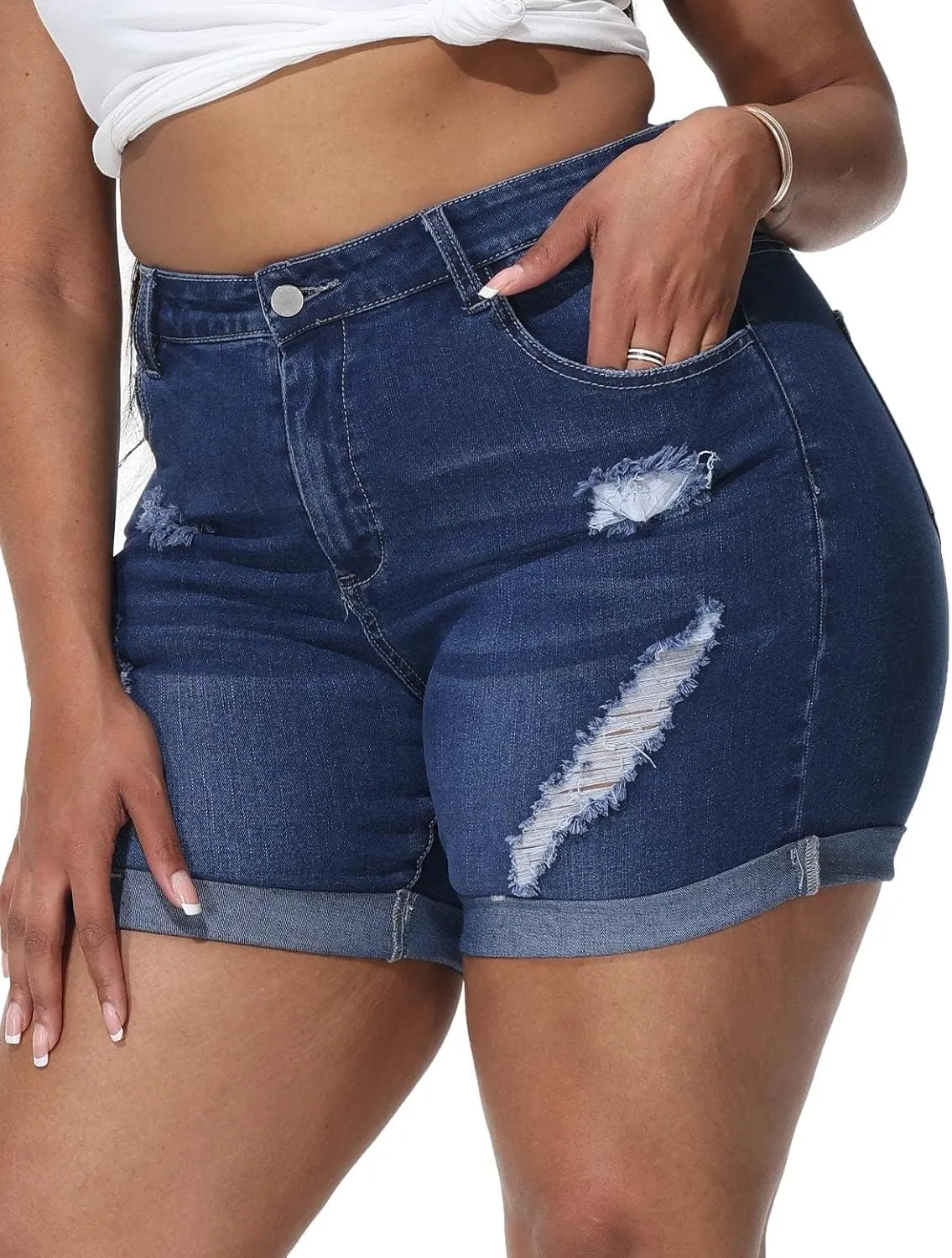 Womens Plus Size Jean Shorts Stretchy High Waisted Distressed Fold Hem Denim Shorts