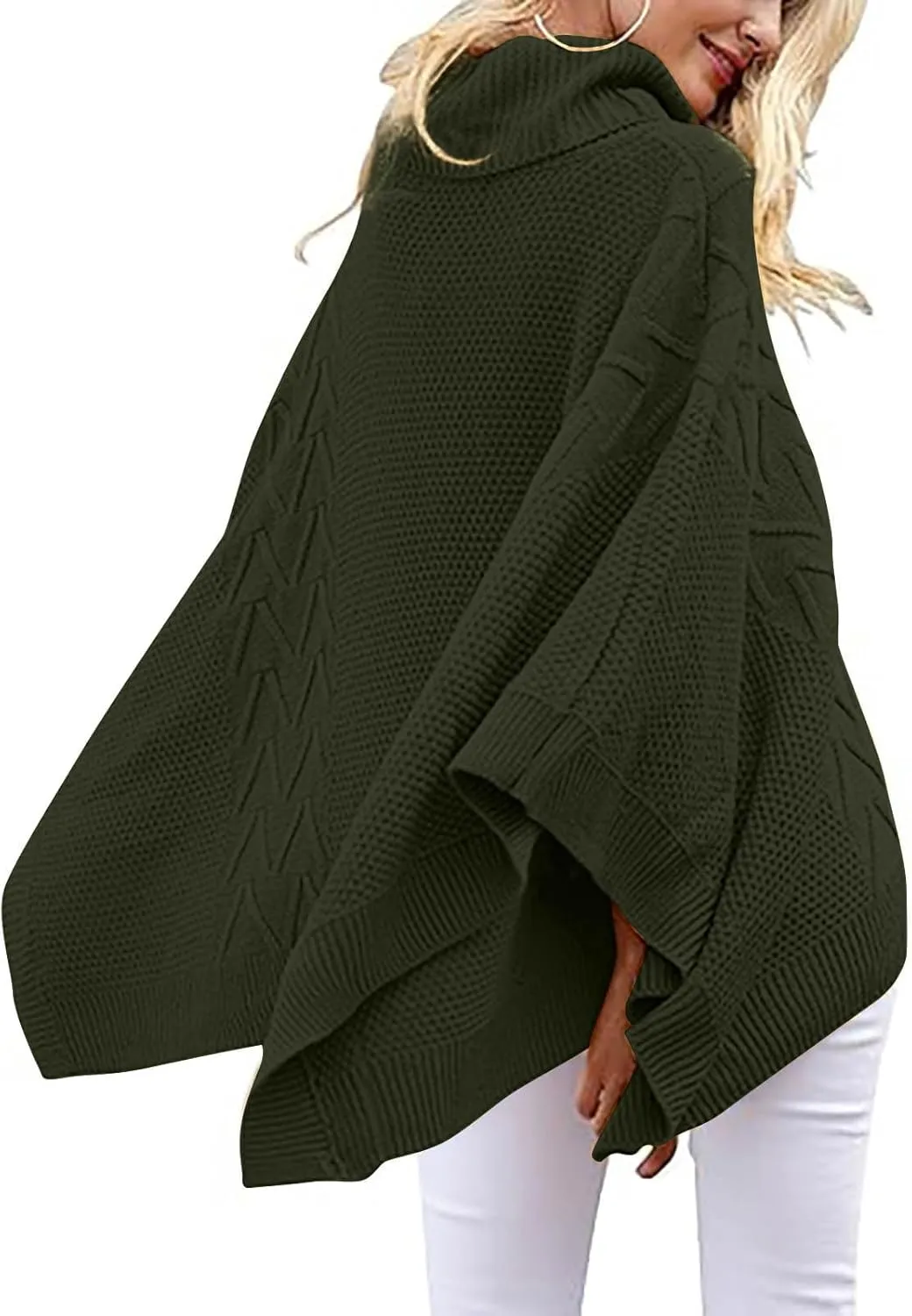 Womens Plus Size Poncho Sweater Oversized Chic Turtleneck Batwing Sleeve Asymmetric Knitted Pullover Shawl Wrap Cape