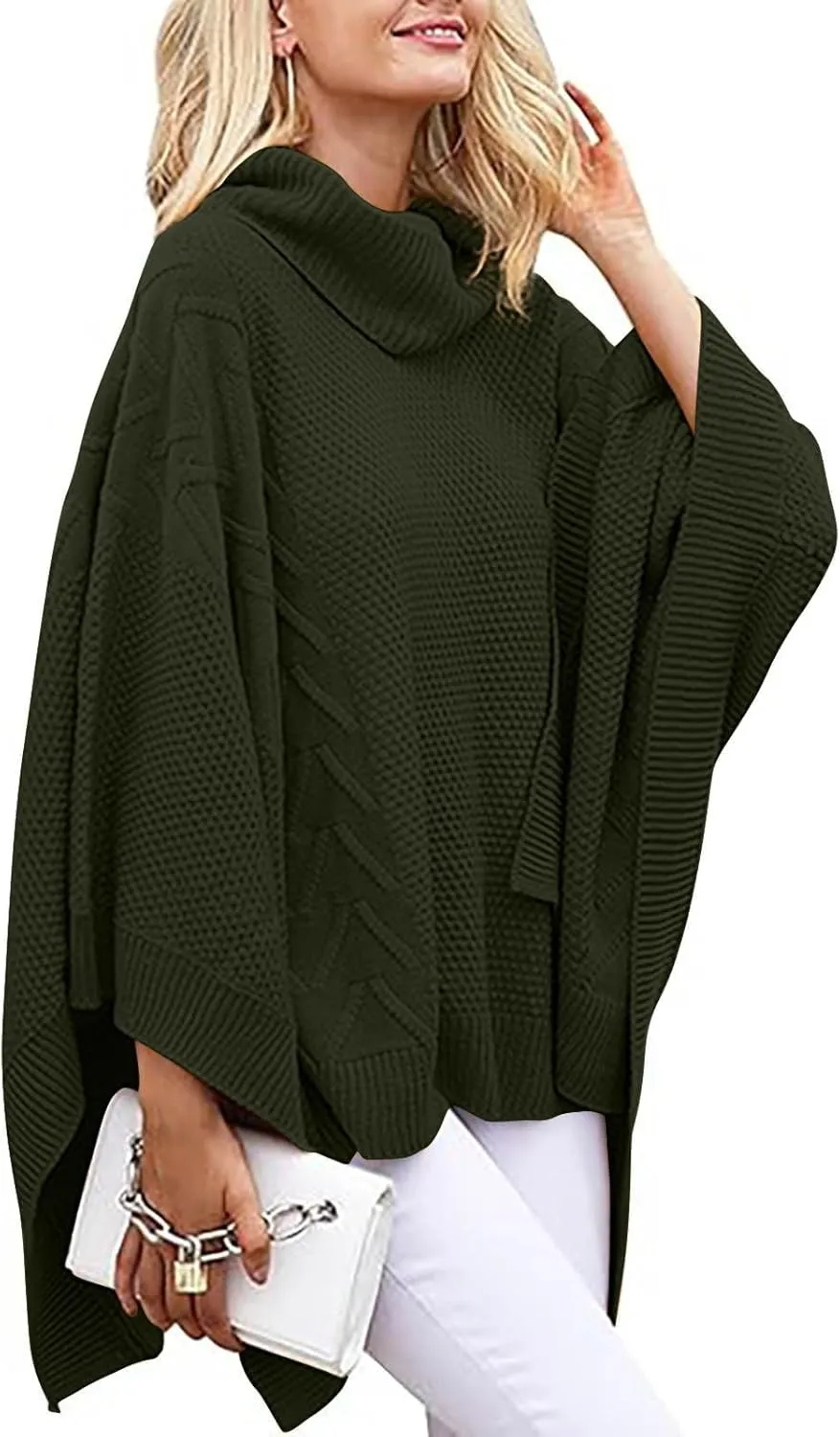 Womens Plus Size Poncho Sweater Oversized Chic Turtleneck Batwing Sleeve Asymmetric Knitted Pullover Shawl Wrap Cape