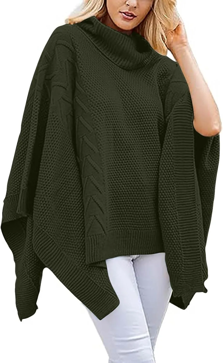 Womens Plus Size Poncho Sweater Oversized Chic Turtleneck Batwing Sleeve Asymmetric Knitted Pullover Shawl Wrap Cape