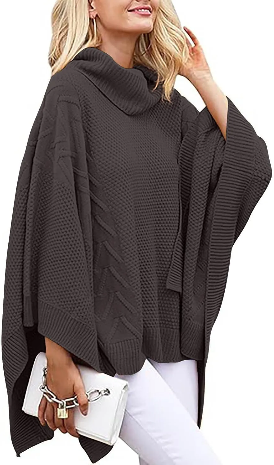 Womens Plus Size Poncho Sweater Oversized Chic Turtleneck Batwing Sleeve Asymmetric Knitted Pullover Shawl Wrap Cape