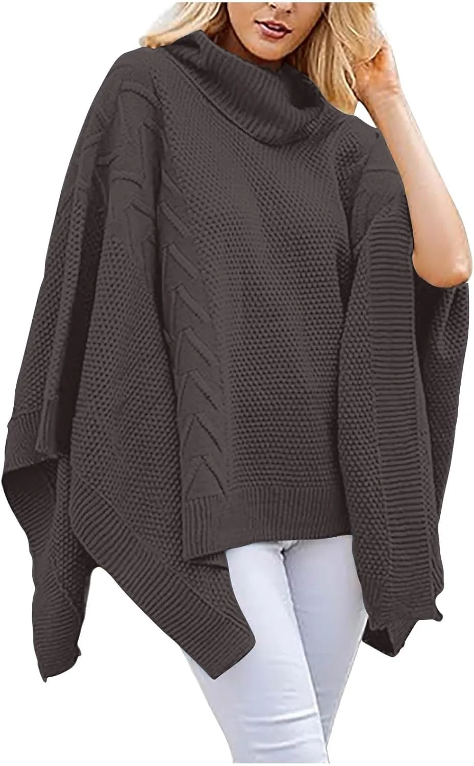 Womens Plus Size Poncho Sweater Oversized Chic Turtleneck Batwing Sleeve Asymmetric Knitted Pullover Shawl Wrap Cape