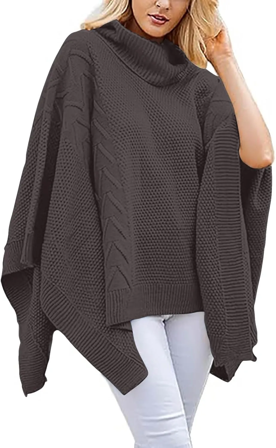 Womens Plus Size Poncho Sweater Oversized Chic Turtleneck Batwing Sleeve Asymmetric Knitted Pullover Shawl Wrap Cape