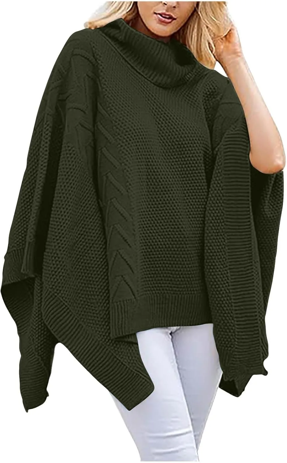 Womens Plus Size Poncho Sweater Oversized Chic Turtleneck Batwing Sleeve Asymmetric Knitted Pullover Shawl Wrap Cape