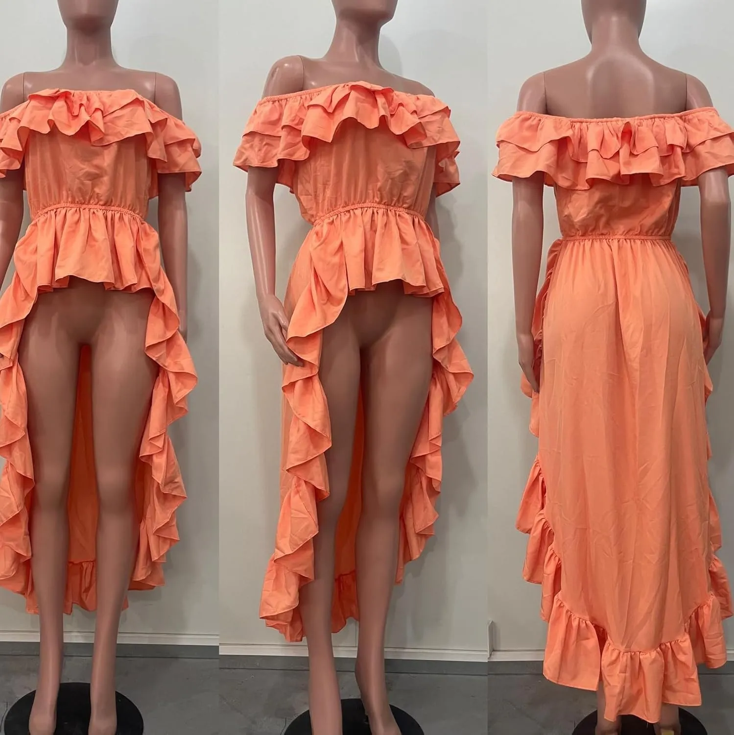 Womens Ruffle Asymmetrical Hem Tops High Low Off Shoulder Peplum Tunic Party Blouse Casual Shirt Blouse Dress