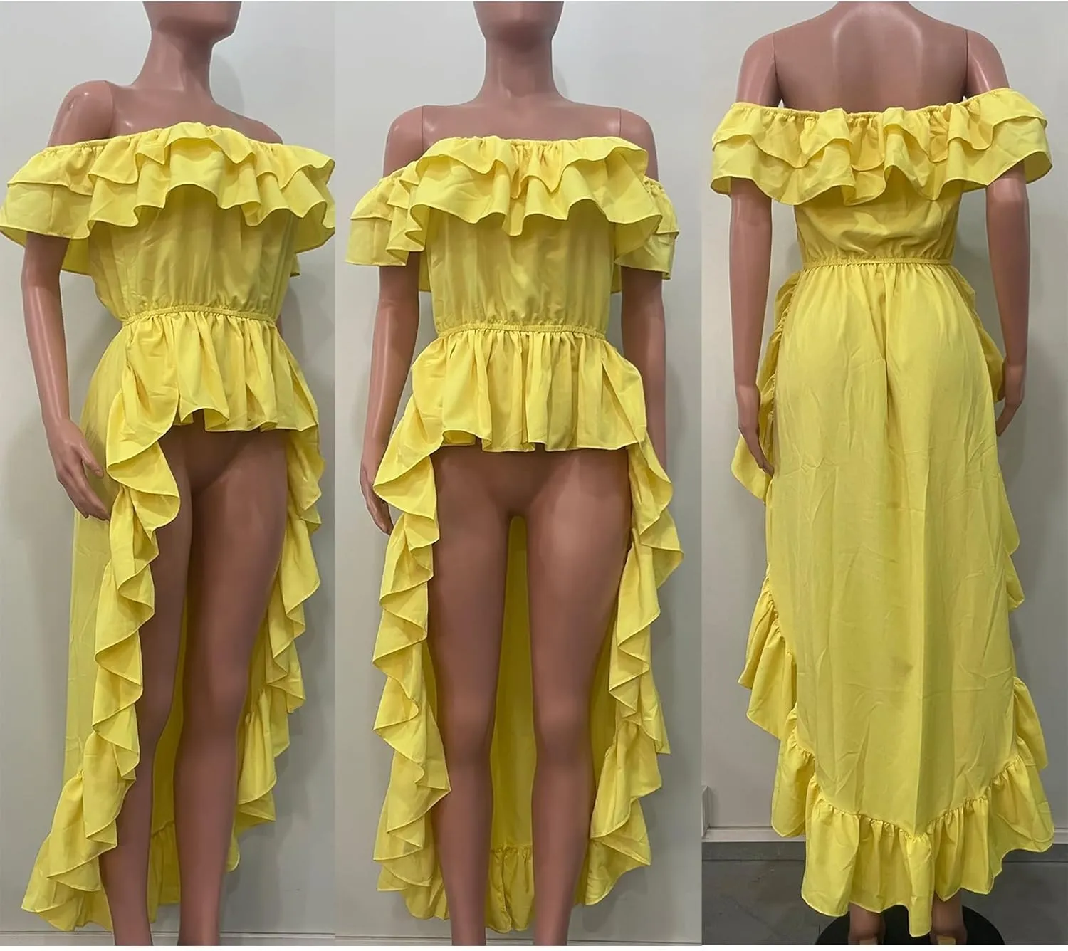 Womens Ruffle Asymmetrical Hem Tops High Low Off Shoulder Peplum Tunic Party Blouse Casual Shirt Blouse Dress