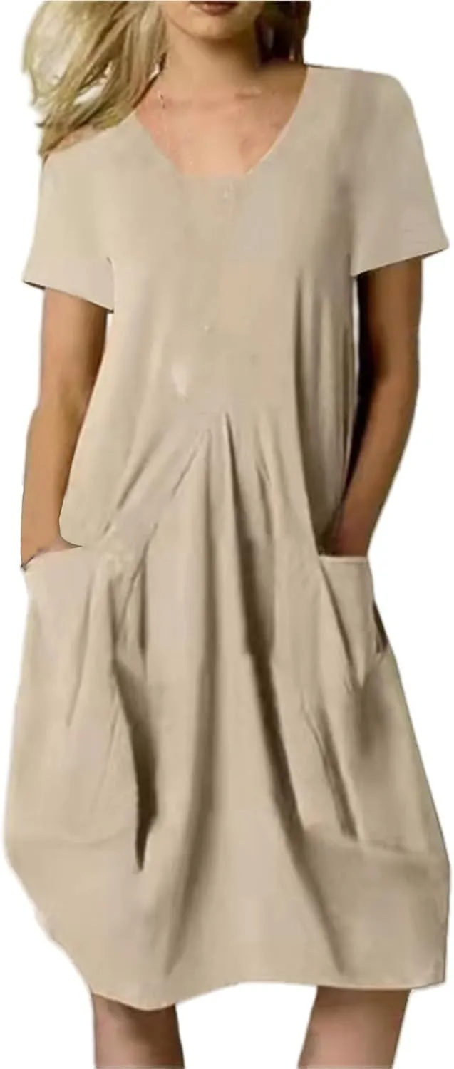 Womens Short Sleeve T Shirt Dress Casual Crew Neck Loose Fit Midi Dress Summer Dressy Swing Dresses with Pockets