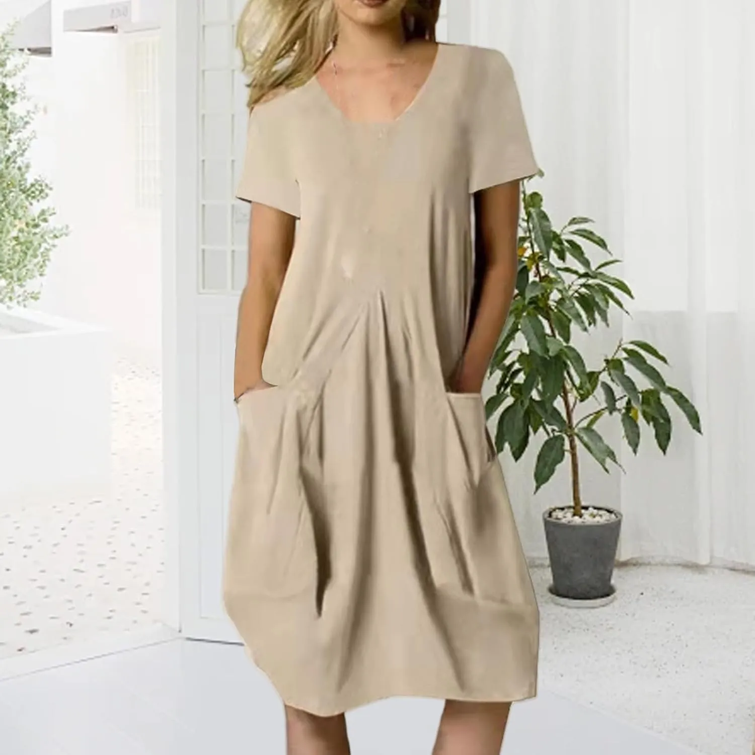 Womens Short Sleeve T Shirt Dress Casual Crew Neck Loose Fit Midi Dress Summer Dressy Swing Dresses with Pockets
