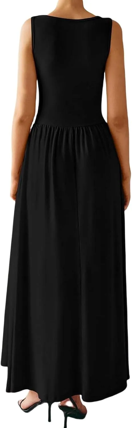 Womens Sleeveless Maxi Dress Spring Casual Plain Loose Aline Dress Elegant Dressy Wedding Guest Flowy Long Dresses