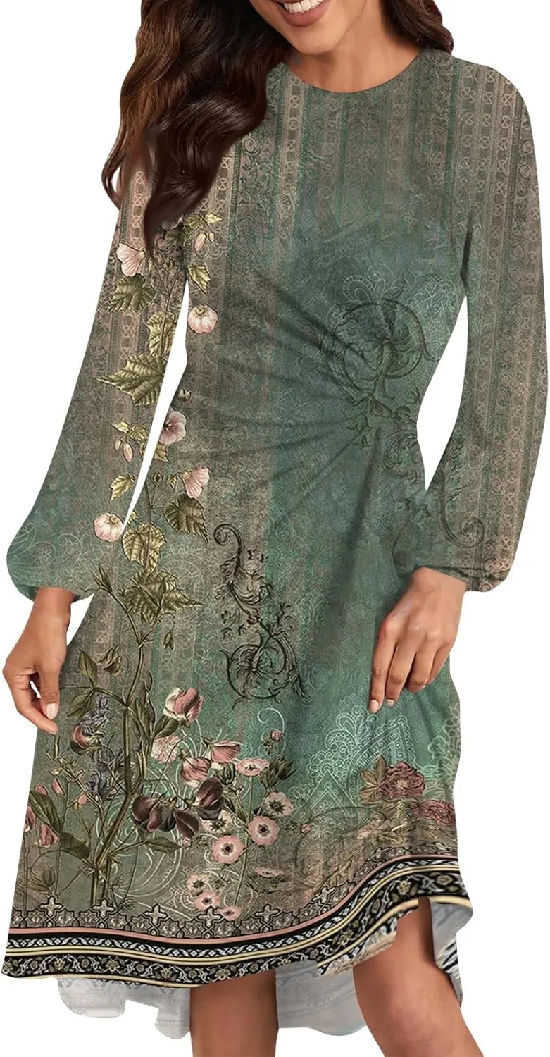 Womens Spring Fashion 2025 Dress Long Sleeve Midi O Neck Cute Boho Work Elegant Fitted Cruise Dress