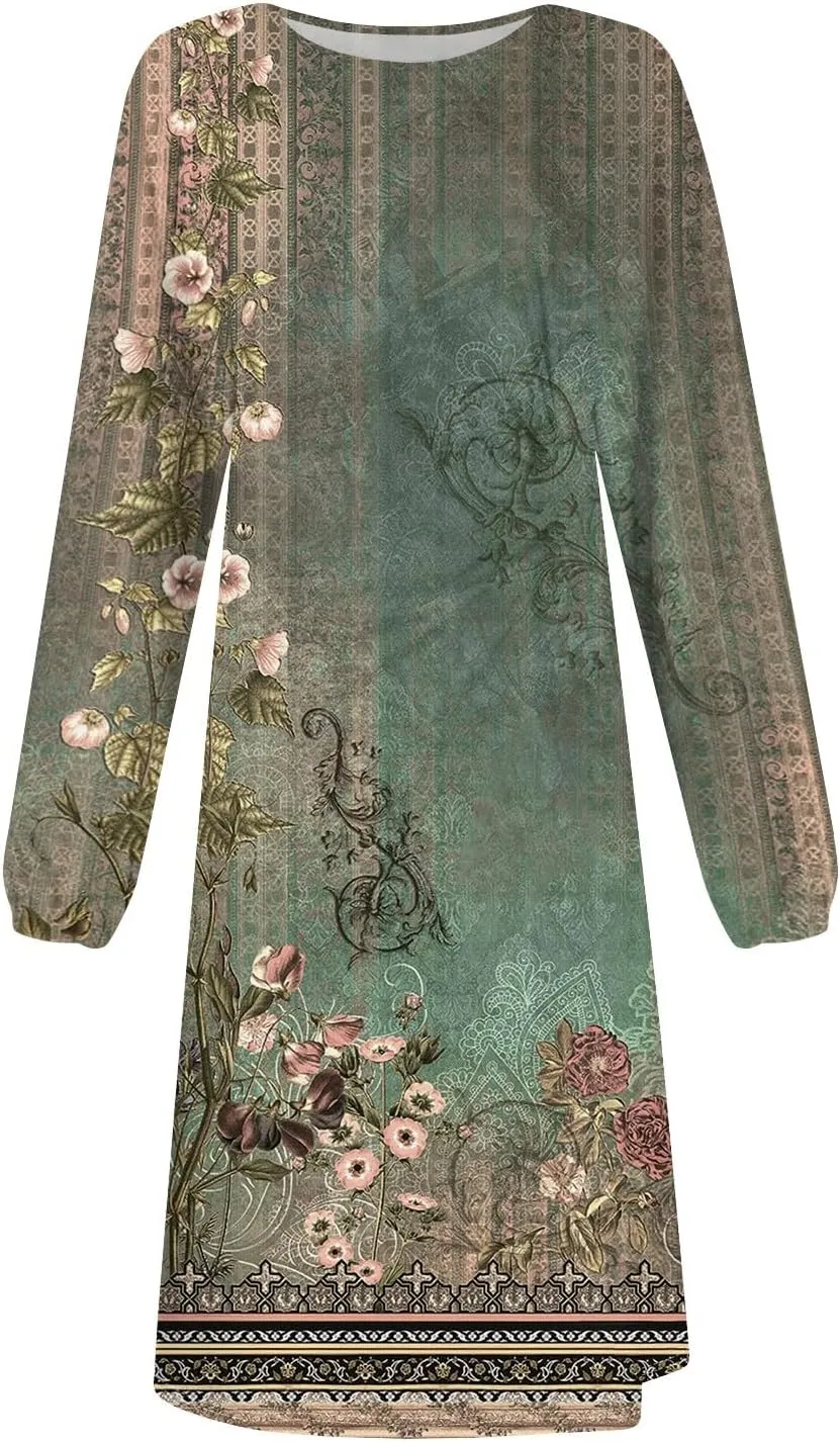 Womens Spring Fashion 2025 Dress Long Sleeve Midi O Neck Cute Boho Work Elegant Fitted Cruise Dress