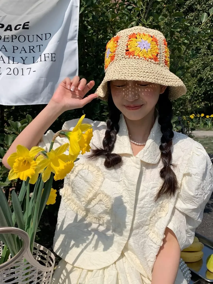 Womens Straw Sun Hat Woven Bucket Hat Floral Fishing Hat Beach Hat Foldable Cap Summer Chic Straw Chic Hat