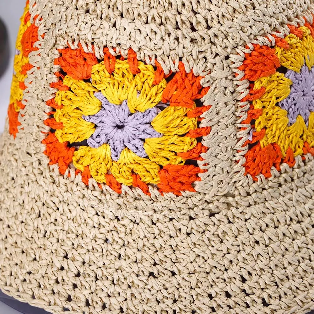 Womens Straw Sun Hat Woven Bucket Hat Floral Fishing Hat Beach Hat Foldable Cap Summer Chic Straw Chic Hat