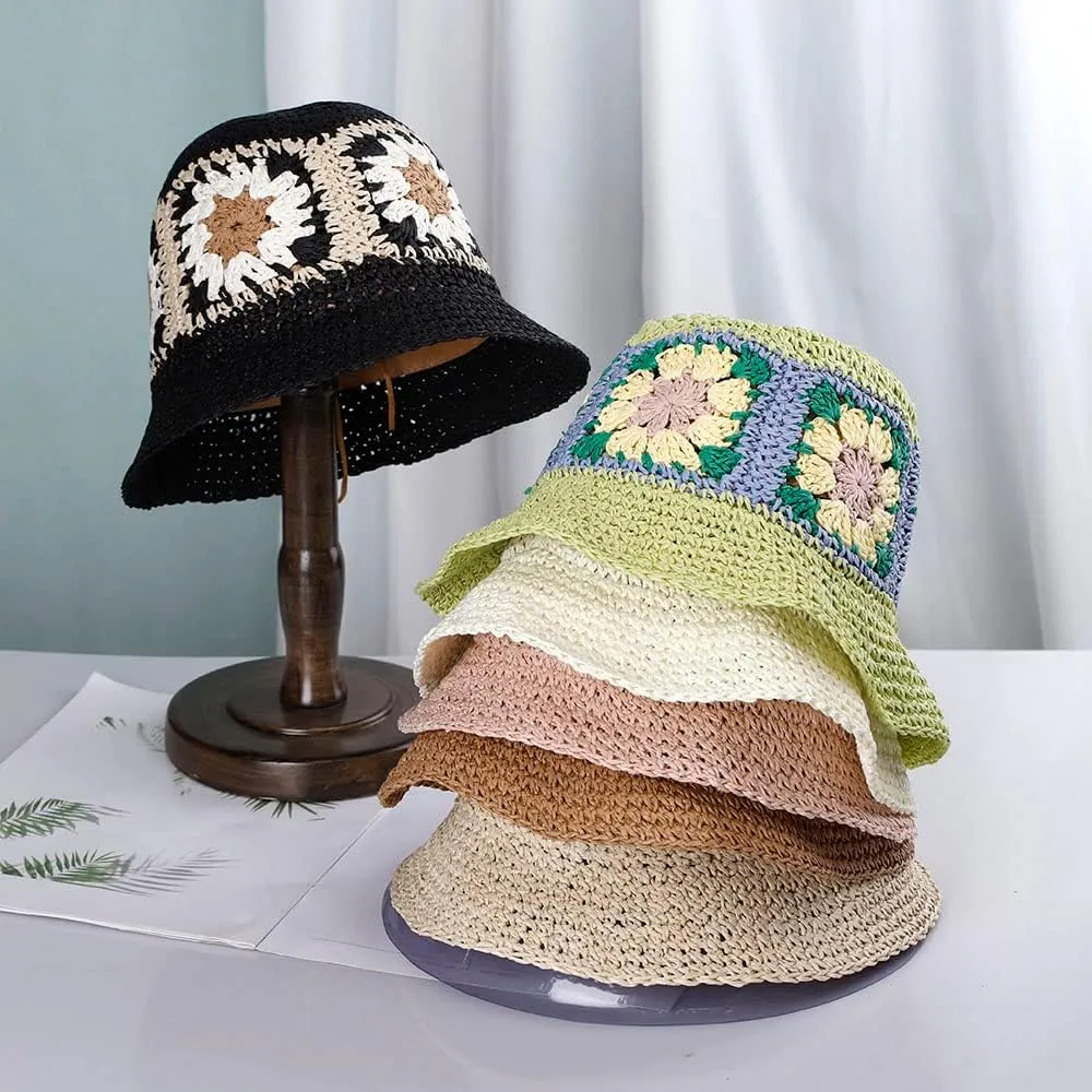 Womens Straw Sun Hat Woven Bucket Hat Floral Fishing Hat Beach Hat Foldable Cap Summer Chic Straw Chic Hat