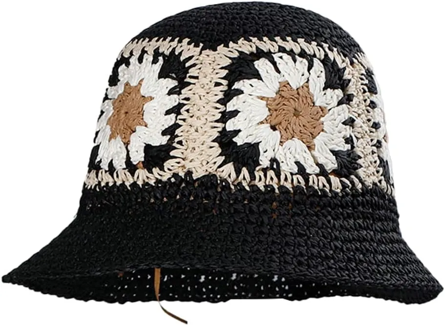 Womens Straw Sun Hat Woven Bucket Hat Floral Fishing Hat Beach Hat Foldable Cap Summer Chic Straw Chic Hat