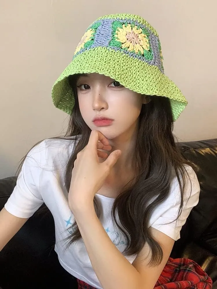 Womens Straw Sun Hat Woven Bucket Hat Floral Fishing Hat Beach Hat Foldable Cap Summer Chic Straw Chic Hat