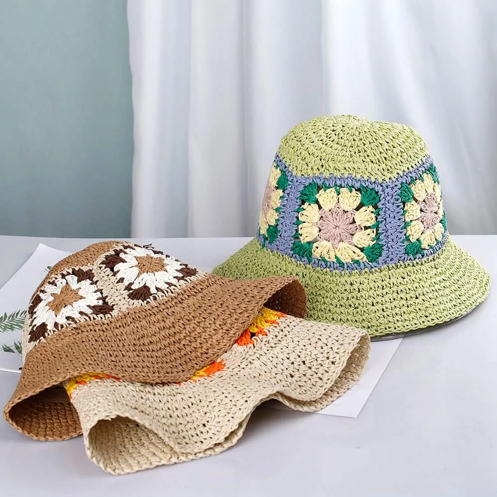 Womens Straw Sun Hat Woven Bucket Hat Floral Fishing Hat Beach Hat Foldable Cap Summer Chic Straw Chic Hat