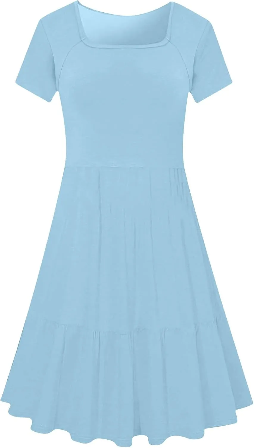 Womens Summer Casual Dresses Short Sleeve Square Neck Babydoll Dress Flowy Vacation A-Line Cute Beach Sundress