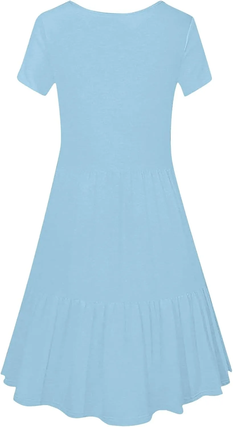 Womens Summer Casual Dresses Short Sleeve Square Neck Babydoll Dress Flowy Vacation A-Line Cute Beach Sundress