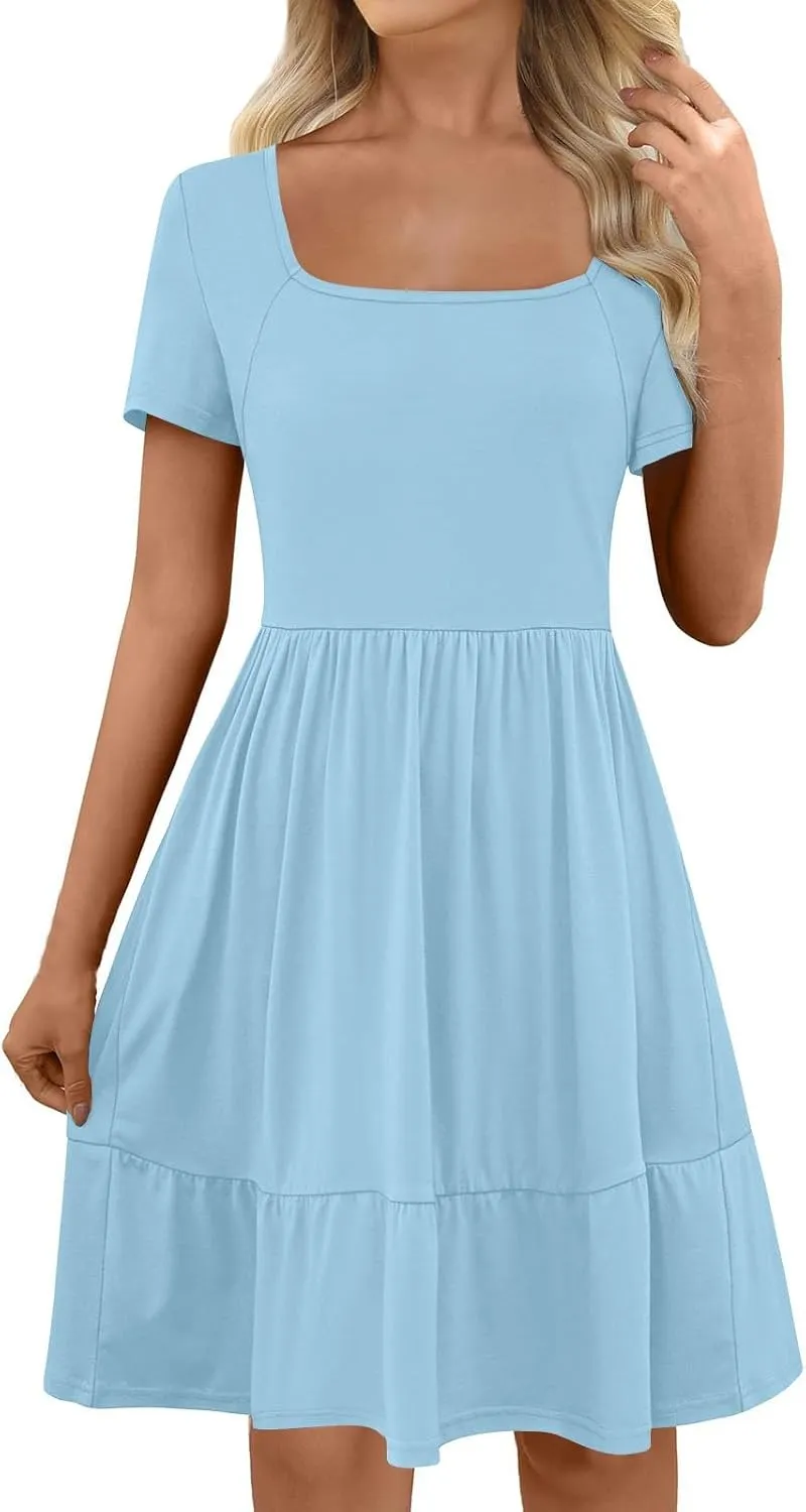 Womens Summer Casual Dresses Short Sleeve Square Neck Babydoll Dress Flowy Vacation A-Line Cute Beach Sundress