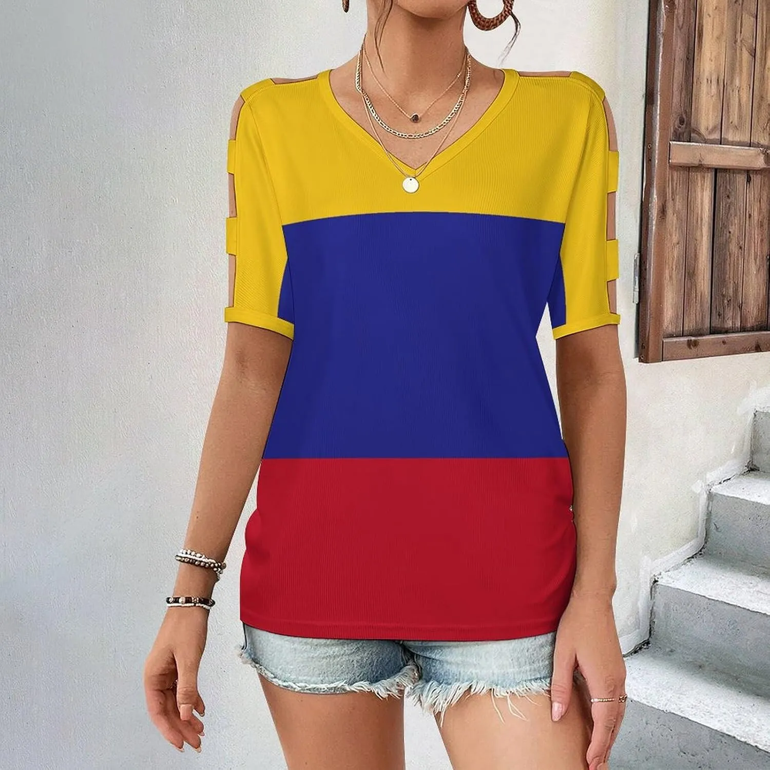 Womens Summer Casual T Shirt Short Sleeve Cold Shoulder Round Neck Tunic Tops