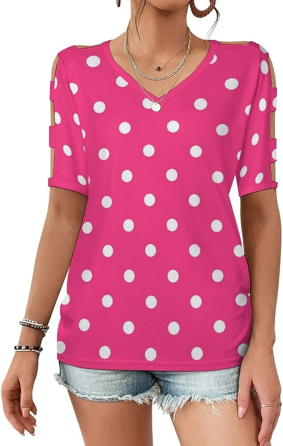 Womens Summer Casual T Shirt Short Sleeve Cold Shoulder Round Neck Tunic Tops