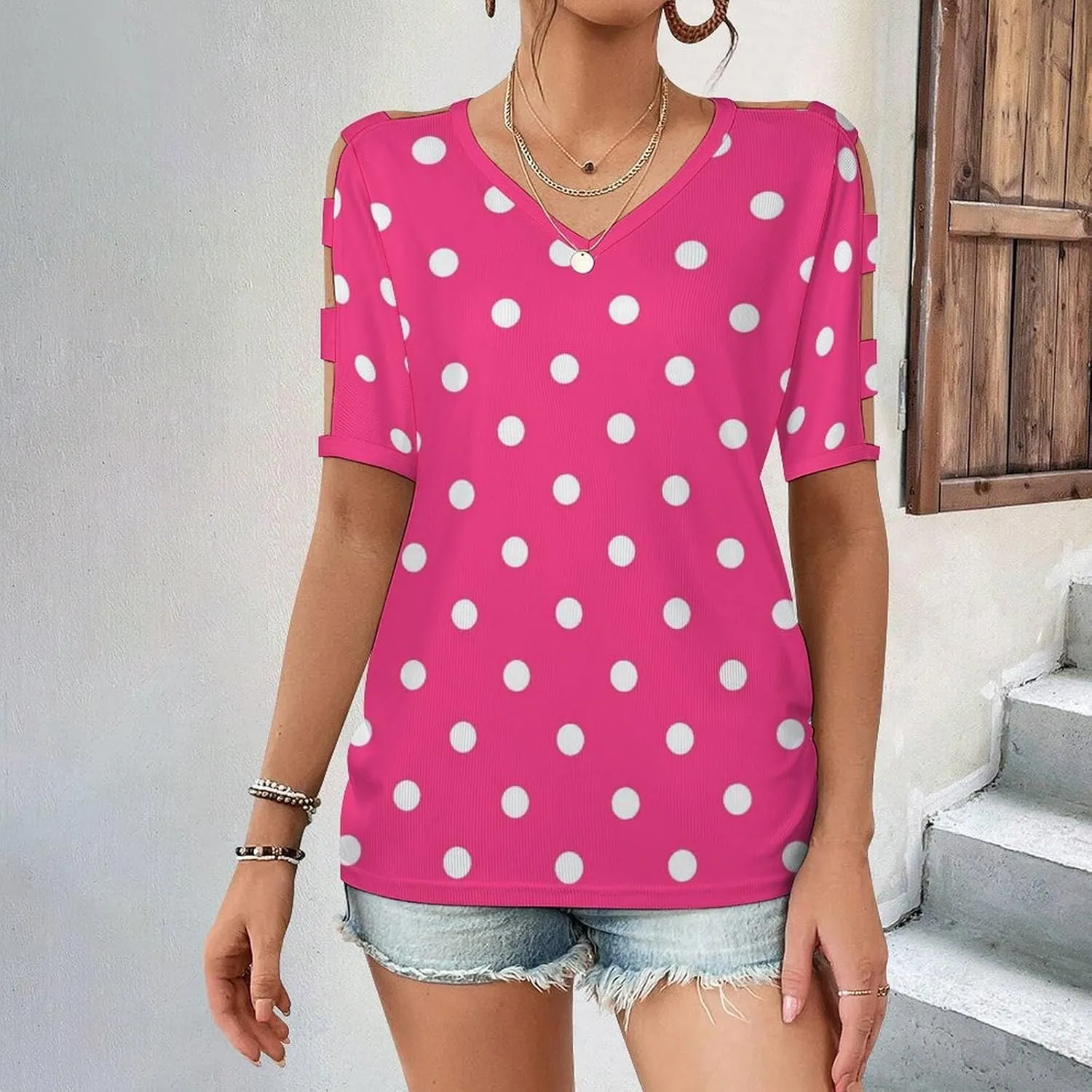 Womens Summer Casual T Shirt Short Sleeve Cold Shoulder Round Neck Tunic Tops