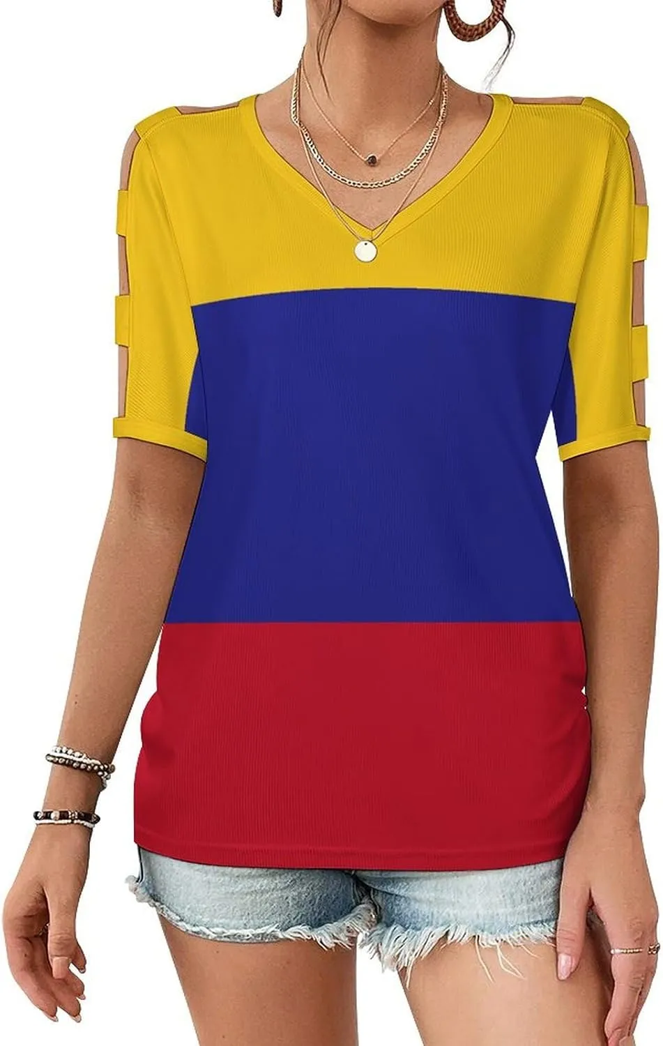 Womens Summer Casual T Shirt Short Sleeve Cold Shoulder Round Neck Tunic Tops