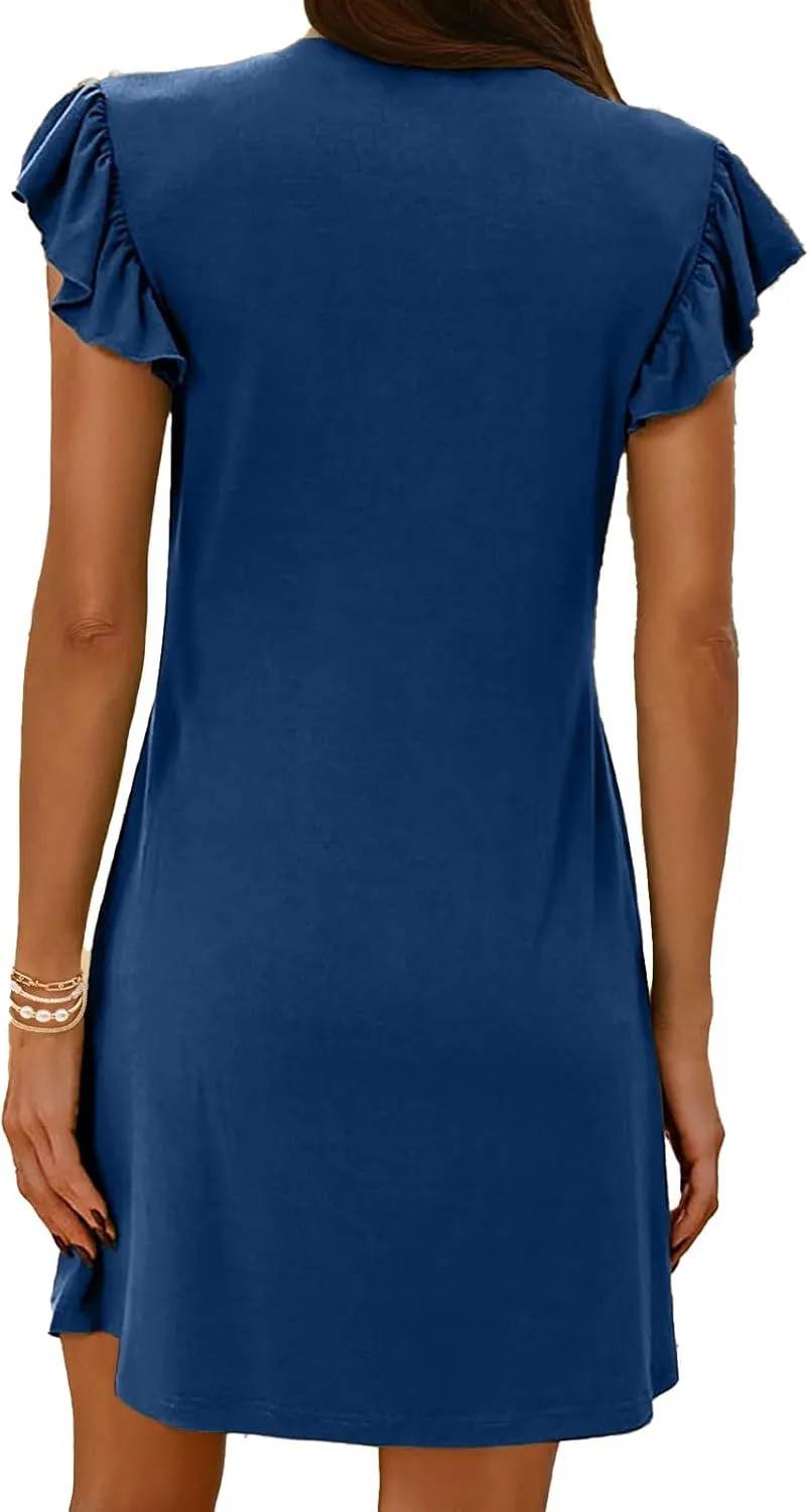 Womens Summer Dresses Elegant Ruffle Sleeve Mini Dresses Deep V Neck Loose Sundress Casual Vacation Beach Dress