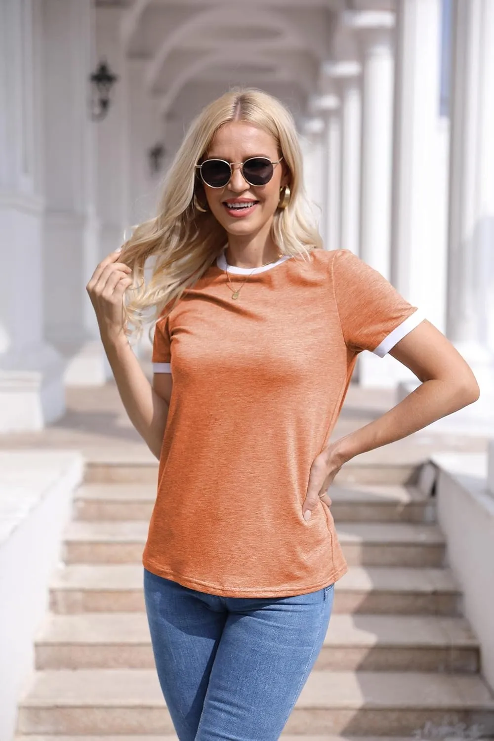 Womens T Shirt Short Sleeve Crew Neck Basic Color Block Tee Tops