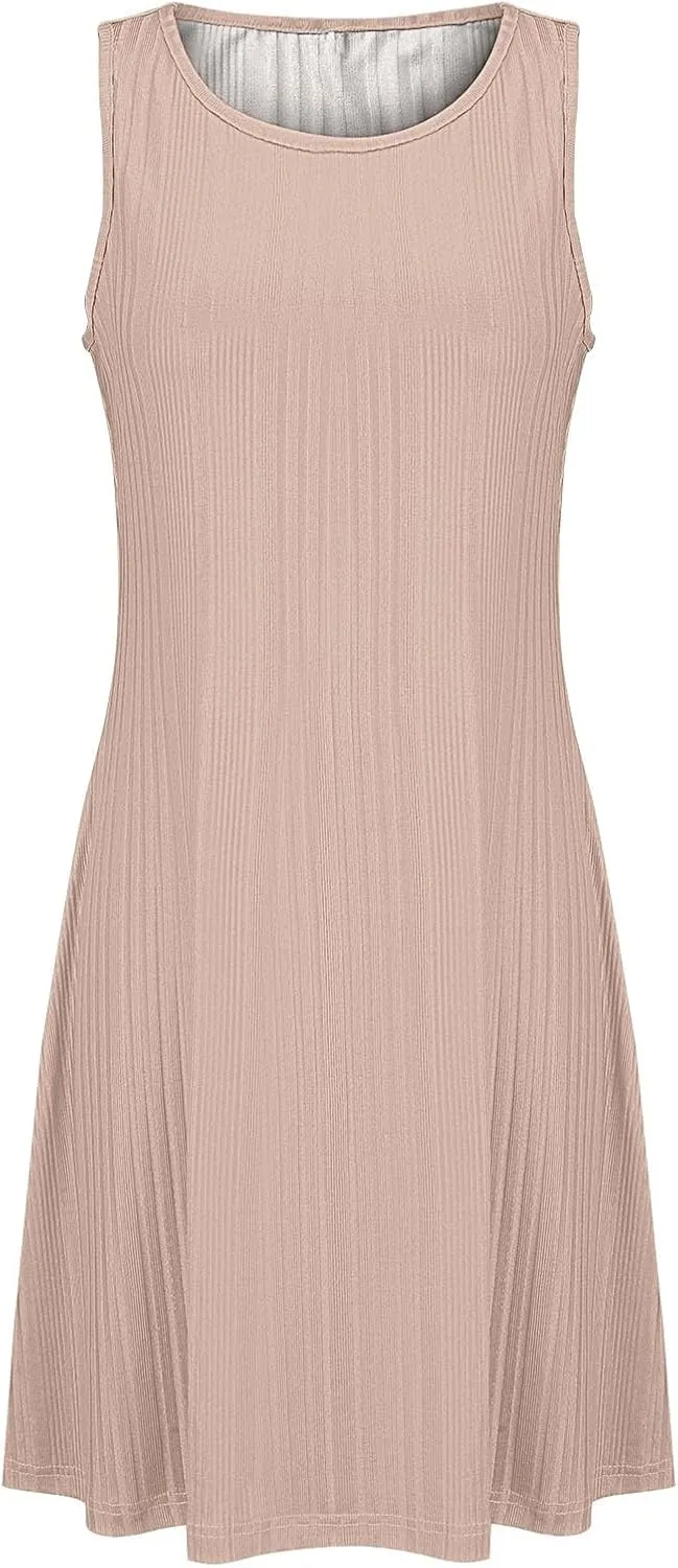 XOWRTE Womens 2025 Summer Sleeveless Mini Dress Crewneck Loose Tank A Line Pleated Swing Flowy Party Dresses Solid Color